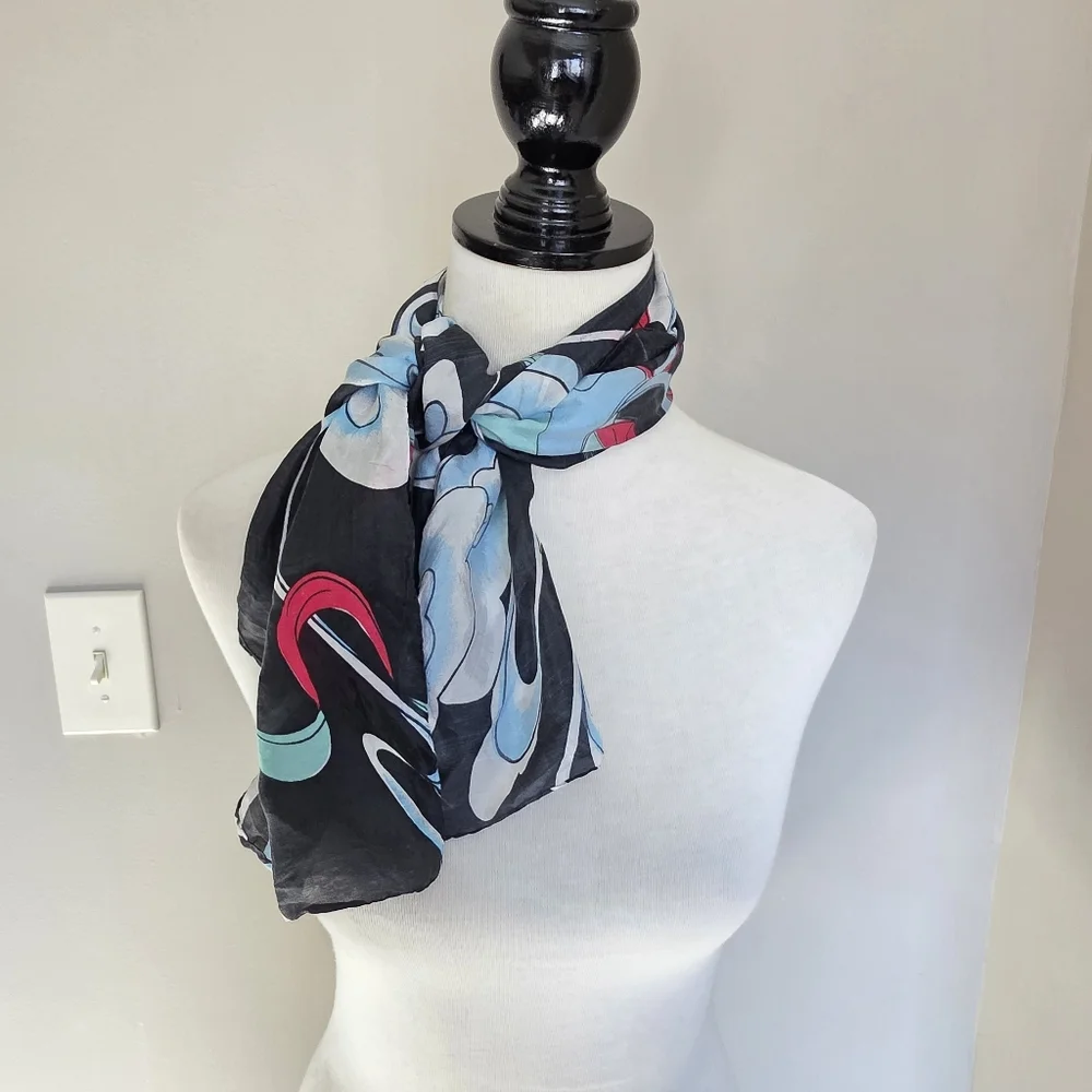 Vintage Silk Asian Scarf Goddess Of The Moon Joga Red and Blue Accents 100% Silk